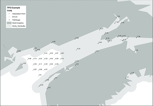 Figure 4 The thin plate spline method uses surrounding tide gauge and DTU10 LAT data as control points to define the interpolation. This figure shows the location and values of control points used to interpolate LAT at an example location in the Bay of Fundy. LAT values in meters.