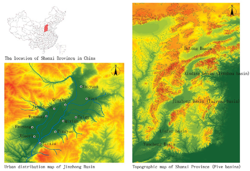 Figure 1. The location of Jinzhong Basin in China, the topographic map of Shanxi Province and the urban distribution map of Jinzhong Basin.