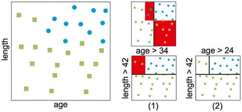 Figure 1. (left) visualises an example predictor space with observations of two classes (blue circle and green square). (1) provides two possible separations of the predictor space. (2) chooses the better classification and applies another separation on the subspaces.