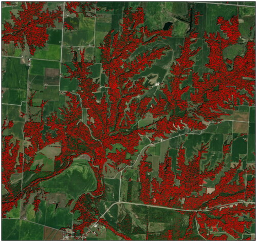 Figure 14. NDVI to identify trees (in red) for removal from the tall objects that were identified in the previous step.