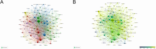 Figure 6 The mapping on keywords of research of macrophages associated with chronic obstructive pulmonary disease over the past 11 years. (A) The 132 keywords, which occurred more than 19 times among 5666 keywords, were divided into five clusters by different colors: cluster 1: red, cluster 2: green, cluster 3: blue, cluster 4: yellow, and cluster 5: purple. The size of the nodes represents the frequency of occurrences. The color of an item is determined by the cluster to which the item belongs. The thickness of the connecting line indicates the strength of the link. (B) Visualization of keywords according to the average publication year. Keywords in yellow appeared later than those in blue.