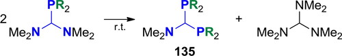 Scheme 88. Disproportionation of the α-phosphino-methanediamines 134.[Citation324]
