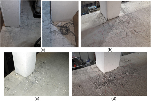 Figure 11. External un-strengthened connections: (a) connection B3 before strengthening phase (views from East and West); (b) connection B3 at the end of the test; (c) connection C1 before strengthening phase; (d) connection C1 at the end of the test.