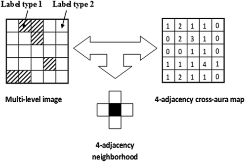 Figure 9. Example of a 4-adjacency cross-aura map, shown at right, generated in linear time from a two-level image shown at left.