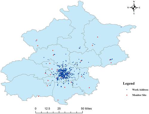 Figure 1 Distributions of air pollutants monitoring stations and workplaces in Beijing.