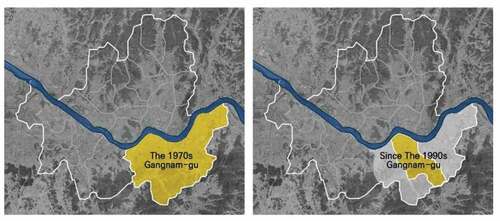 Figure 1. The transformation of the administrative district in Gangnam. This paper will focus on area within the current district lines because most factors that regulate the traits of Gangnam are found in this area.