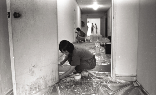 Figure 3. The restoration effort was organized by the Little Tokyo Community Development Advisory Committee, the Little Tokyo Tenants Association, and the UCLA Nikkei Student Union. Photograph by Abraham Ferrer © Visual Communications Archives.