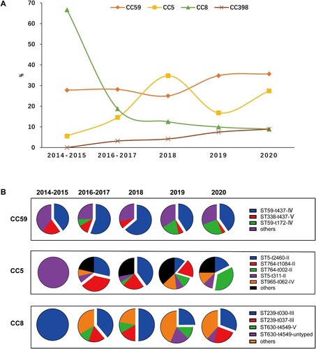 Figure 5. Major CCs found in MRSA isolates by years. (A) The distribution of four CCs over time. (B) The clonal structure of CC59, CC5 and CC8 in different years.