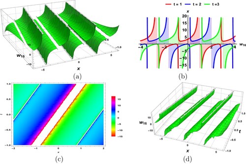 Figure 1. Graphical aspects of singular periodic solution w16 by setting all parameters to unity. (a) 3D plot, (b) 2D plot, (c) density plot and (d) 3D plot.