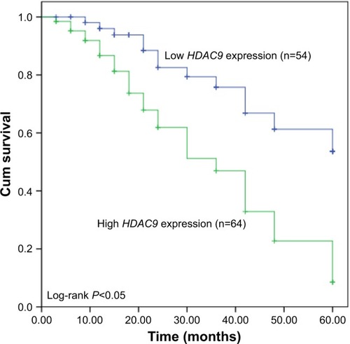 Figure 2 Kaplan–Meier survival curves for breast cancer patients based on the expression of HDAC9.