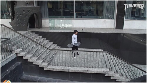 Figure 2. Chima between attempts at the Reserve Bank Building in Vans Skateboarding’s Nice to See You (Hunt Citation2021a). Screenshot from Thrasher Magazine. Used with permission.