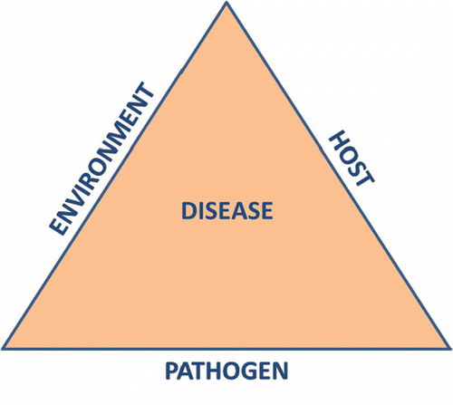 Fig. 1. (Colour online) The disease triangle with vertices representing the contributing factors to plant disease (Francl Citation2001).