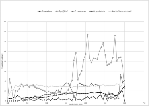 Figure 14. The spectral reflectance results from 400 nm to 700 nm wavelengths.