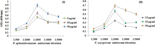 Figure 3. Optimization of (i) P. aphanidermatum and (ii) F. oxysporum antigens and developed antibodies dilution of indirect ELISA.