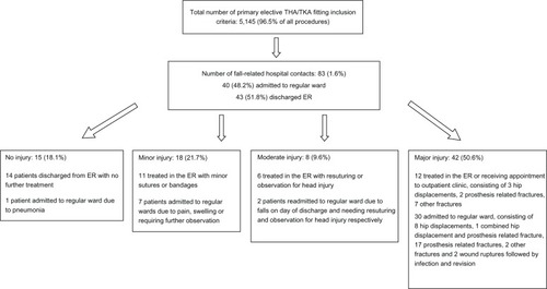 Figure 2 Falls according to treatment (emergency room vs regular ward) and injury type.