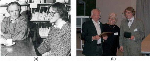 Figure 2. (a) Ringsdorf and Zentel in 1987. (b) Helmut Ringsdorf, Brigitte Saupe and Rudolf Zentel at the first celebratory show for the Alfred Saupe Award [http://www-e.uni-magdeburg.de].