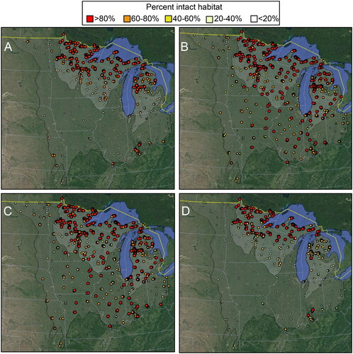 Figure 4. The percentage of intact habitat upstream of each sampling site (A), in the local catchment of each sampling site (B), in the 100 m riparian zone of each sampling site (C), and reflecting all three aforementioned measures (D). Larger and darker markers represent greater intact habitat based on five categories: >80%, 60–80%, 40–60%, 20–40%, <20%. Base maps: Google, National Institute of Statistics and Geography.