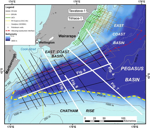 Figure 3 Bathymetry of the Pegasus Basin region and locations of seismic surveys and petroleum exploration drillholes. The locations of other figures in this article are also indicated.