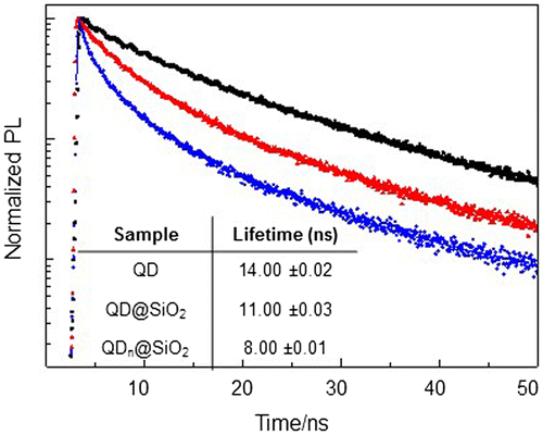 Figure 2. Time-resolved fluorescence intensity decays (A) and average lifetime (B) of QD (black line, QD@SiO2 (red trace) and QDn@SiO2 (blue trace).