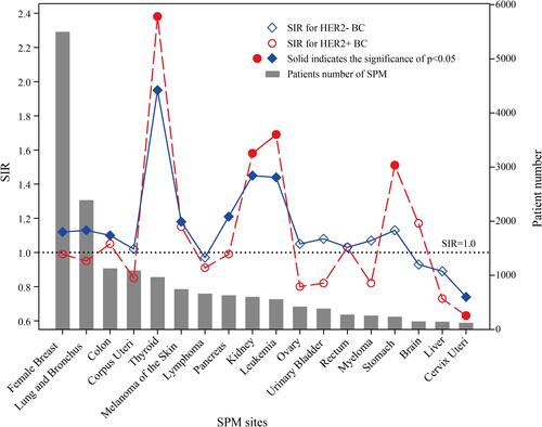 Figure 1 Standardized incidence ratios (SIRs) and patient numbers of second primary malignancies (SPM) in specific sites.