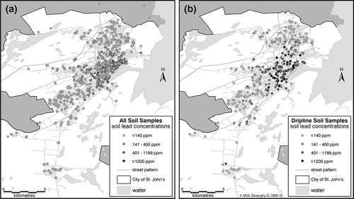 Figure 4. Spatial distribution of soil lead concentrations by sample location for (a) all samples and (b) dripline samples only. Mapped categories are defined by Canadian and US recommended soil lead concentrations. The high density of soil samples in the downtown area causes overlapping of category symbols and obscuring of samples with higher lead concentrations in (a). These high-soil-lead locations are predominantly associated with dripline samples and are more clearly visible in (b).