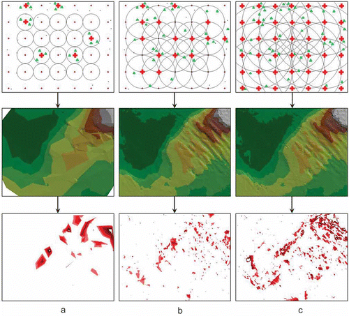 Figure 7. Bottom models created with a low measurement point density for increasing search radii.