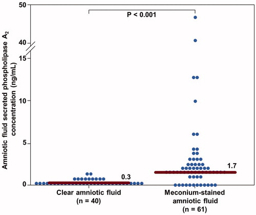 Figure 1. Amniotic fluid secreted phospholipase A2 concentrations (sPLA2) in women at term with clear amniotic fluid and MSAF. Patients with MSAF had a significantly higher median amniotic fluid secreted phospholipase A2 concentration (ng/mL) than those with clear amniotic fluid [1.7 (1–2.9) versus 0.3 (0–0.6); p < 0.001].