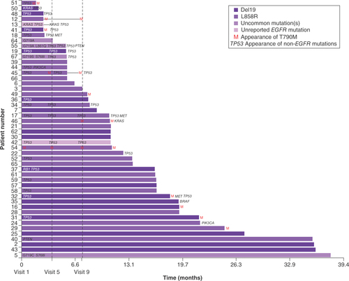 Figure 4. Progression-free survival and mutations in 48 patients who were tested for appearance of T790M and non-EGFR mutations.The baseline EGFR mutation is shown by the color of the bar. Appearance of the EGFR T790M mutation is denoted by an ‘M’ at either baseline (visit 1), visit 5, visit 9 or end of treatment. Non-EGFR mutations present at baseline are shown on the left against the y-axis; non-EGFR mutations that were detected at other timepoints, or at end of treatment, are shown when they appeared. Uncommon EGFR mutations are detailed on the left of the bar to which they apply.