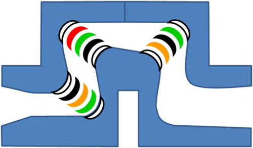 9 Four different TBC coating systems (ceramic and bond coat combinations, indicated by different colours) were applied to blades in the centre of each cascade stage. The blades that formed the cascade walls in each cascade stage (shown in black-and-white) were coated with just the metallic corrosion-resistant coating Sicoat 2464