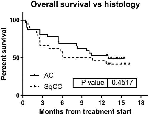 Figure 2. Overall survival for patients with non-squamous carcinoma (n = 34, solid line) or squamous cell carcinoma (n = 24, dotted line).