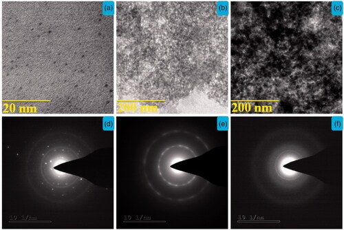 Figure 4. TEM images with SEAD spectrum of (a) CQD, (b) 5-ALA-CQD-BOC-Glu-β-CD, and (c) DOX/5-ALA-CQD-BOC-Glu-β-CD nanocarrier.