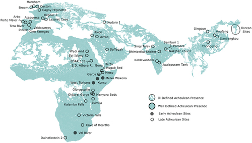 Figure 4. The archaeological sites used in the present study imposed onto the distribution of the Acheulean as we currently understand it. Solid dots represent sites used in the early Acheulean models, while dots with a hollow centre represent sites used in the late Acheulean models. Those that are half full represent sites contributing to both scenario types.