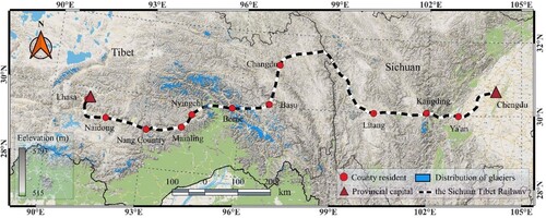 Figure 1. Geographical location and topographic characteristics of the Sichuan-Tibet Railway and the mountain glaciers along the railway.