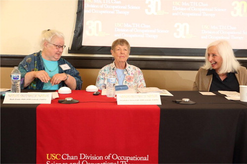 Figure 1. Professors Emereti Ruth Zemke, Elizabeth Yerxa, and Florence Clark discuss the formation, early years, and evolution of occupational science at the 2019 USC Chan Occupational Science Symposium. (Photo credit: Glenn Marzano)