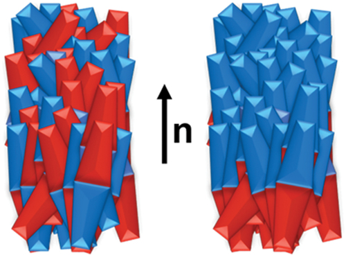 Figure 1. (Colour online) Schematic representations of the conventional nematic, N, phase (left) and the polar ferroelectric nematic, NF, phase (right).