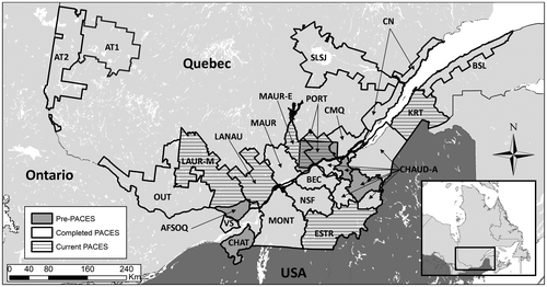Figure 1. Location of completed and current groundwater characterization projects in the Province of Quebec. The map illustrates the pre-PACES (projects funded through the Programme d'acquisition de connaissances sur les eaux souterraines): PORT (dark grey) – Portneuf, AFSOQ – Basses-Laurentides, CHAT – Châteauguay, and CHAUD-A (dark grey) – Basse-Chaudière; the PACES projects completed between 2009 and 2015 from 2009 to 2015: AT1 and AT2 – Abitibi-Témiscamingue-1 and -2, BEC – Bécancour, BSL – Bas-Saint-Laurent, CN – Charlevoix-Haute-Côte-Nord, CHAUD-A (light grey) – Chaudière-Appalaches, CMQ – Communauté métropolitaine de Québec, MAUR – Mauricie, MONT – Montérégie-Est, NSF – Nicolet-Saint-François, OUT – Outaouais, SLSJ – Saguenay-Lac-Saint-Jean, VS – Vaudreuil-Soulanges; and the current PACES projects that started in 2018: KRT – Bas-Saint-Laurent-Témiscouata, ESTR – Estrie, LAUR-M – Laurentides, LANAU – Lanaudière, MAUR-E – Mauricie-Est, and PORT (hatched) – Portneuf).