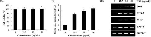 Figure 1. Effect of HSR on macrophage activation in RAW264.7 cells. RAW264.7 cells were treated with HSR for 24 h. (A) NO level, (B) cell viability and (C) mRNA level were measured by the Griess assay, MTT assay and RT-PCR, respectively. *P < 0.05 compared to the cells without the treatment.