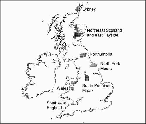 Figure 2. Populations of Merlins in regions with high levels of survey coverage in 1993–94 and 2008. The grey squares indicate the 10-km squares that received full coverage in both national surveys.