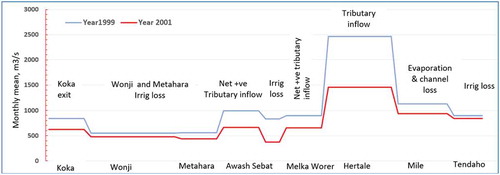 Figure 7. Simplified water loss and gain accounting and potential attributions at multiple locations in the River Awash main channel (see Fig. 2 for location of the gauging stations)