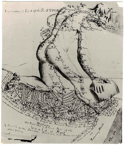 Figure 3. Drainage of south-east Kent represented by the body of a man. From a map in the Ankographia by Christopher Packe (a physician) from 1743.