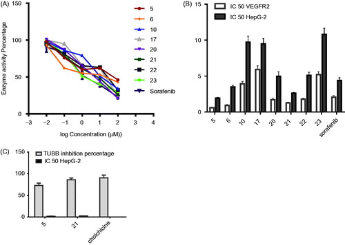 Figure 9. (A) Dose response curve for compounds 5, 6, 10, 17, 20–23 and Sorafenib for IC50 determination of VEGFR-2 enzyme.Values represent the mean ± SE for four experiments. B) Graphical representation of IC50 for compounds 5, 6, 10, 17, 20-23 and Sorafenib on VEGFR-2 enzyme, HepG-2 cells. (C) Graphical representation of IC50 for compounds 5, 21 on HepG-2 cells and β-tubulin inhibition percentage of compounds 5 and 21 compared with colchicine. Values represent the mean ± SE for two experiments.