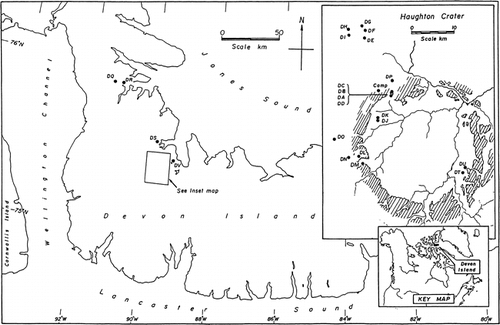 FIGURE 1. Map of Devon Island and the Haughton Crater region, with the location of the 22 lakes and ponds in this limnological study. Crater rim interpolated from 10-m contour intervals of 1:50,000 Canada NTS map No. 58 H/7