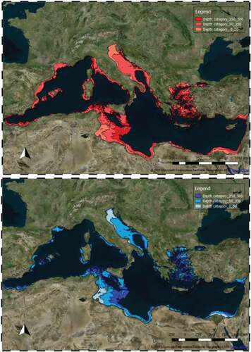 Figure 5. Total area for each depth category (top); net area for each depth category (bottom)