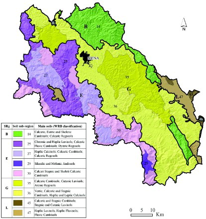 Figure 2. Soil regions and sub-regions of the province of Siena (Costantini et al., Citation2013, modified).