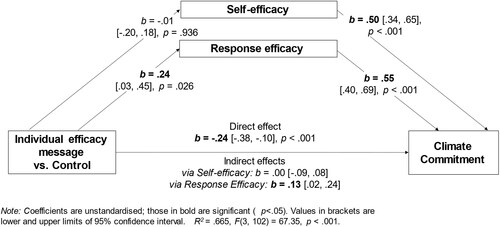 Figure 3. Direct and indirect effects of individual efficacy message on climate commitment.