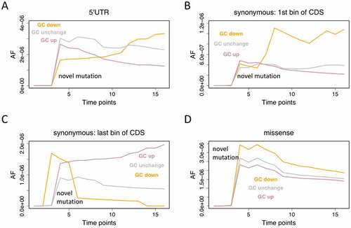 Figure 5. Novel mutations also prefer less RNA structure near start codon. All mutations are classified into GC-down, GC-up, and GC-unchanged. (a) Dynamics of novel mutations in 5ʹUTR. (b) Synonymous mutations in the first 1/10 of CDS. (c) Synonymous mutations in the last 1/10 of CDS. (d) Dynamics of novel missense mutations.