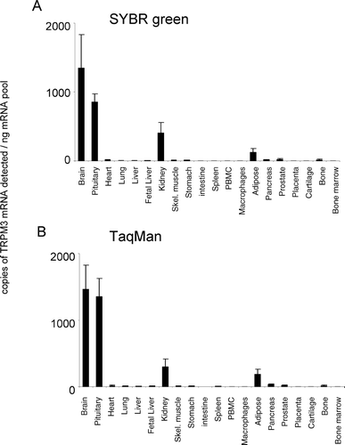 Figure 3. Expression of hTRPM3 mRNA. mRNA profiles in human CNS and peripheral tissues. Data are expressed as copies of TRPM3 mRNA detected normalized to ng mRNA pool to correct for RNA quantity and integrity and are means ± SEM for triplicate reverse transcription reactions from each RNA pool.