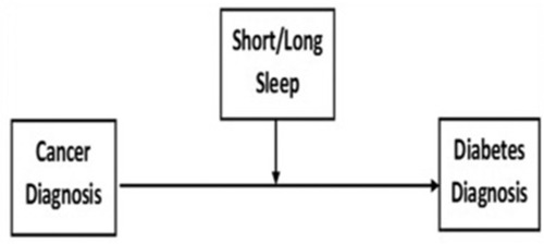 Figure 1 Conceptual framework for the moderating effects of sleep duration on the relationship between cancer and DM.Abbreviation: DM, diabetes mellitus.