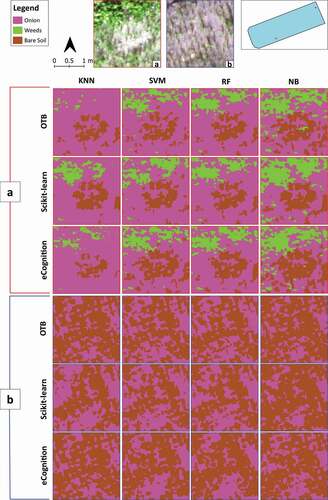 Figure 8. Crop-study site. The figure reports two visual comparison matrices showing the obtained classification results in two significant portions of the whole scene (a and b). Their visualization in visible (RGB), and their localization on the study site are provided on the top side. In each of the two visual matrices (a and b), the images are organized according to the four classification algorithms, K-Nearest Neighbour (KNN), Support Vector Machines (SVM), Random Forests (RF), Normal Bayes (NB) (matrix columns), and the three software environments, Orfeo ToolBox (OTB), Scikit-learn and eCognition (matrix rows)