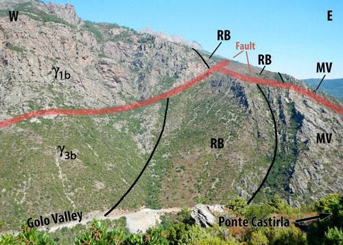 Figure 4. View of the contact between the HC and AC along the Golo Valley. The contact is represented by a deformed, steep surface that upward becomes overturned. Legend: y1b: Pink granites (U3 suite); y3b: monzogranites (U2 suite); RB: Roches Brune Fm.; MV: Metavolcanites and Metavolcaniclastites Fm.